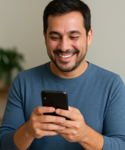 Homem sorrindo com smartphone em mãos